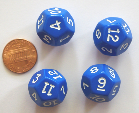 Four- 12 Sided Blue Polyhedra Dice 3/4", 19mm, Numbered 1 through 12 (set of 4 dice)
