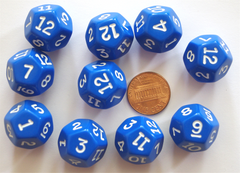 12 Sided Blue Polyhedra Dice 3/4", 19mm, Numbered 1 through 12 (set of 10 dice)